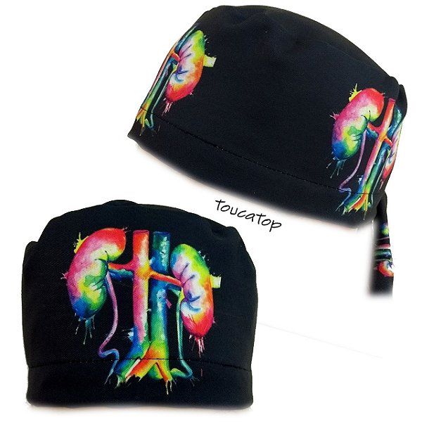 Gorro Cirúrgico, Rins Inteiros, Desenho Colorido Rim, Preto