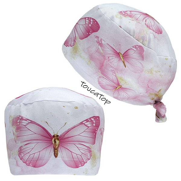 Gorro Cirúrgico, Borboletas Rosas com Dourado, Rosa Claro