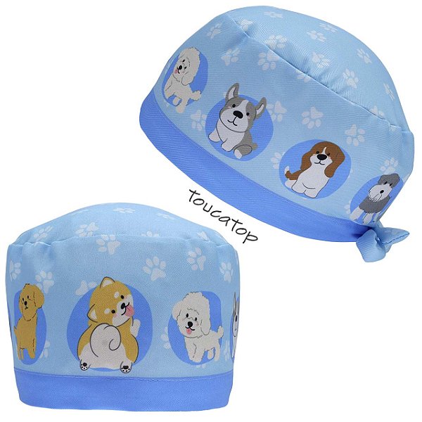 Gorro Cirúrgico, Cachorrinhos, Círculos azuis, patinhas, Azul