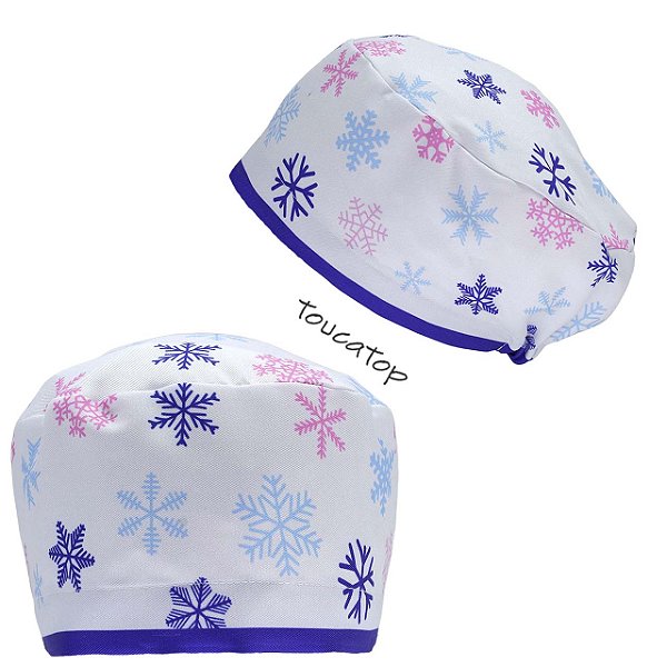 Touca Feminina ALICE, Flocos de  Neve Azul e Rosa, Barra Azul, Branco