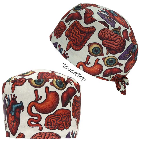 Gorro Cirúrgico, Órgãos, olho, cérebro, intestino, Vermelho, Bege