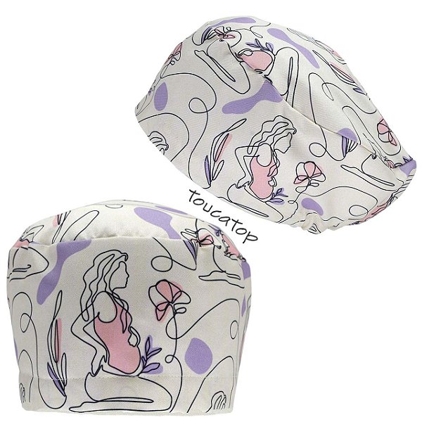 Touca Feminina ALICE, Mulher Gestante Grávida, Linhas Pretas, Creme