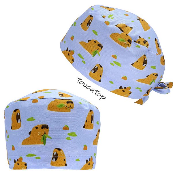 Gorro Cirúrgico, Capivaras na Água, Comendo Folha Verde, Azul
