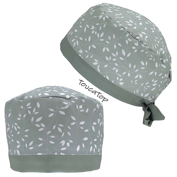 Gorro Cirúrgico, Plantas Brancas, Barra Cinza, Cinza Esverdeado
