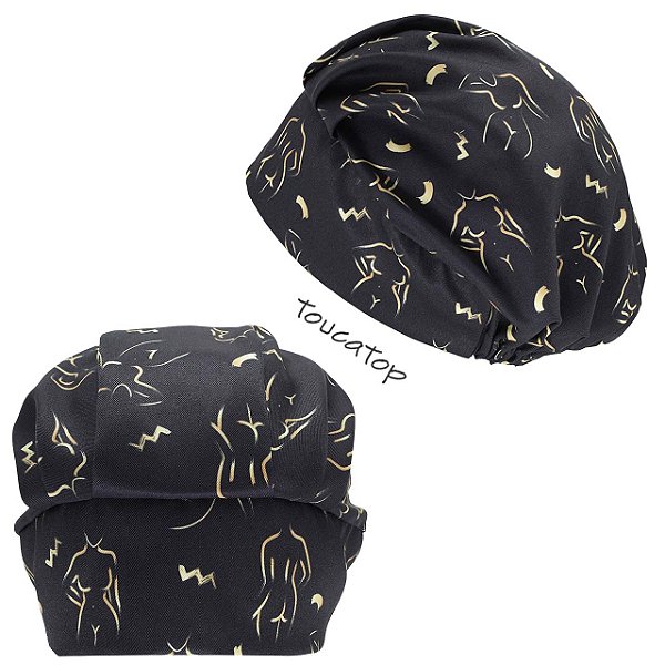 Touca Cirúrgica Feminina, Silhuetas Amarelas, Dourado, Ouro, Preto