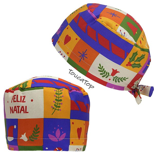 Gorro Cirúrgico, Feliz Natal, Quadriculados Colorido, Sino, Branco