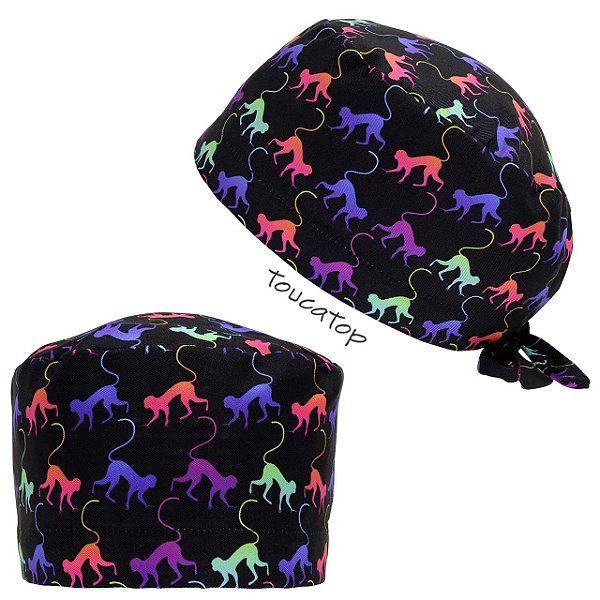 Gorro Cirúrgico, Macacos coloridos Neon, Preto