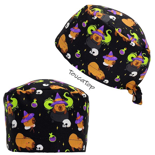 Gorro Cirúrgico, Capivara, Halloween, Poção, Crânio, Caldeirão, Preto
