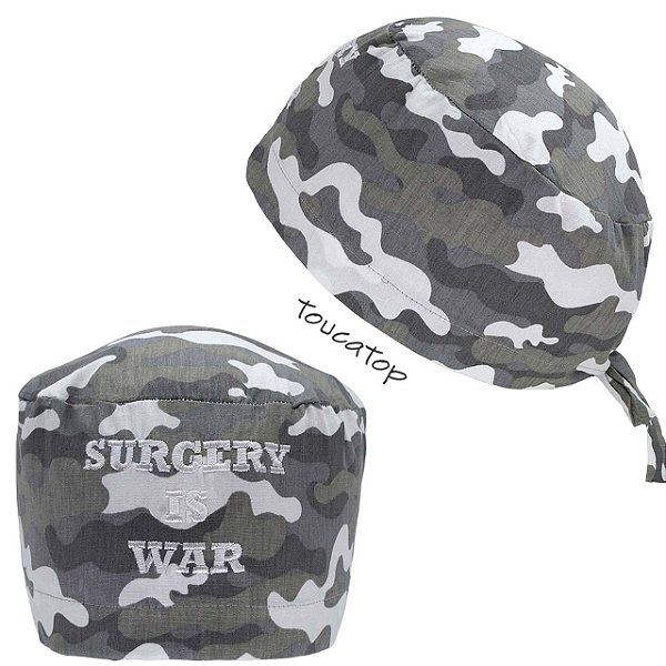 Gorro Cirúrgico, Bordado Surgery is War, Camuflado, Tons de Cinza