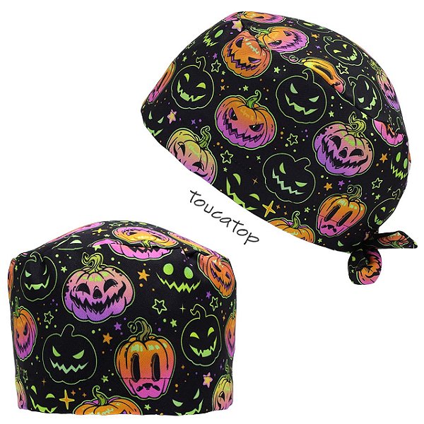 Gorro Cirúrgico, Halloween, Abóboras coloridas, Contorno Verde, Preto