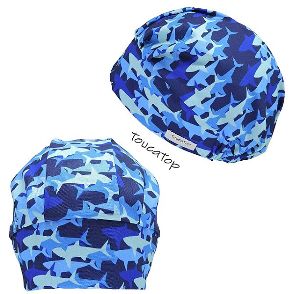 Touca Cirúrgica Feminina, Tubarões Azuis Sobrepostos, Azul Marinho