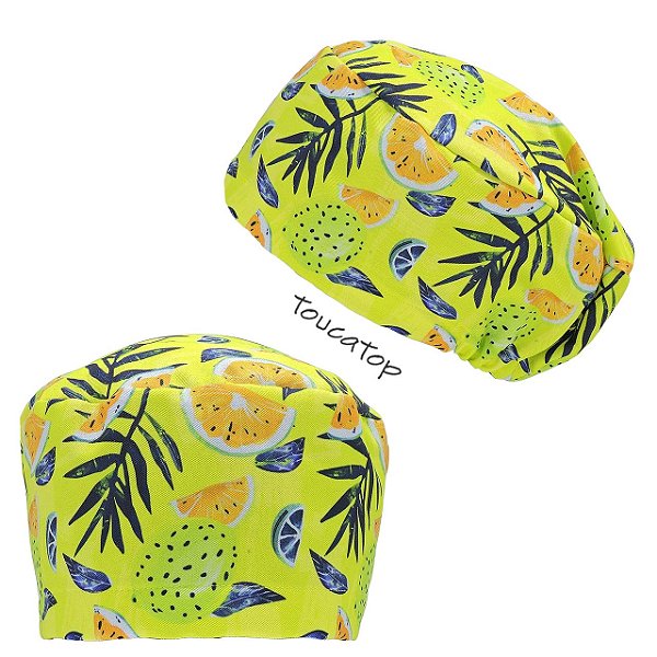 Touca Feminina ALICE, Frutas Tropicais, Laranja, folhas, verde neon