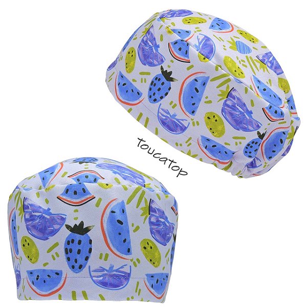 Touca Feminina ALICE, Frutas Tropicais, Melancia, Abacaxi, Azul, Lilás