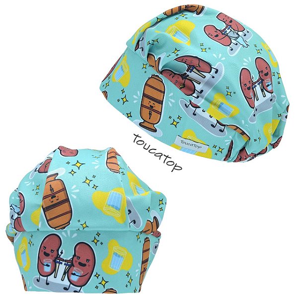 Touca Cirúrgica, Desenhos Rins Bebendo Água, Verde Água