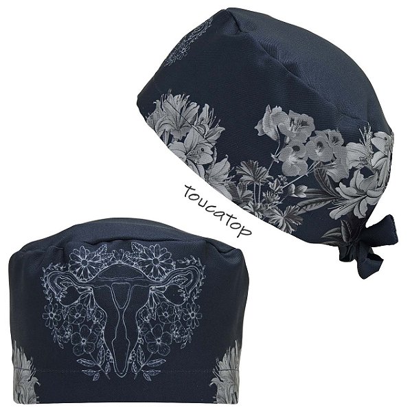 Gorro Cirúrgico, Útero Floral, Flores Cinzas Laterais, Azul