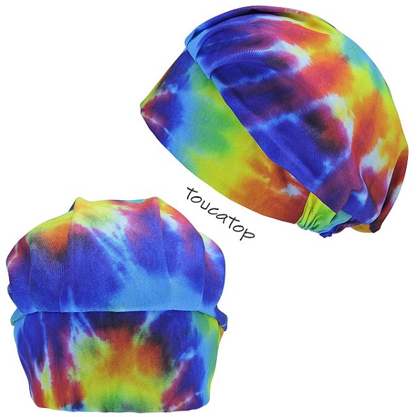 Touca Cirúrgica Feminina, Tie-Dye Colorido, Amarelo, Roxo, Azul, Verde