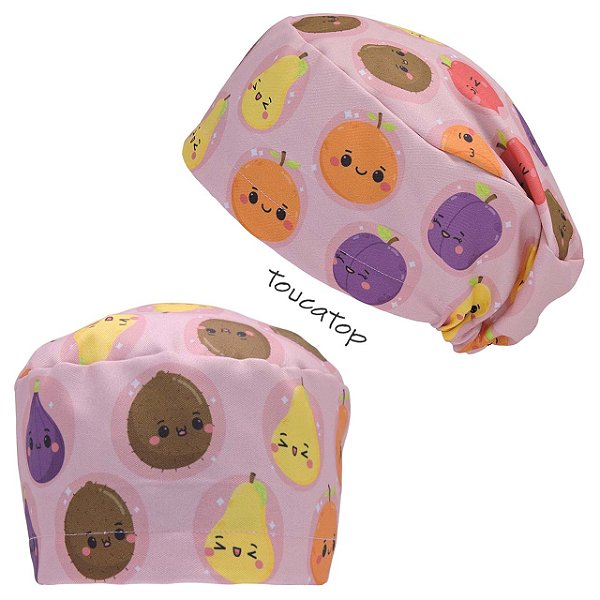 Touca Feminina ALICE, Frutas variadas, coco, pera, laranja, maça, Rosa