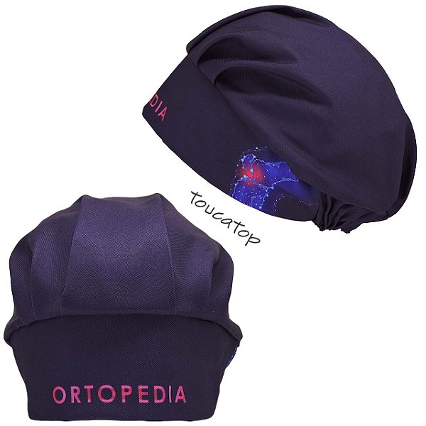 Touca Cirúrgica Feminina, Palavra Ortopedia, Joelho Lateral Neon, Azul