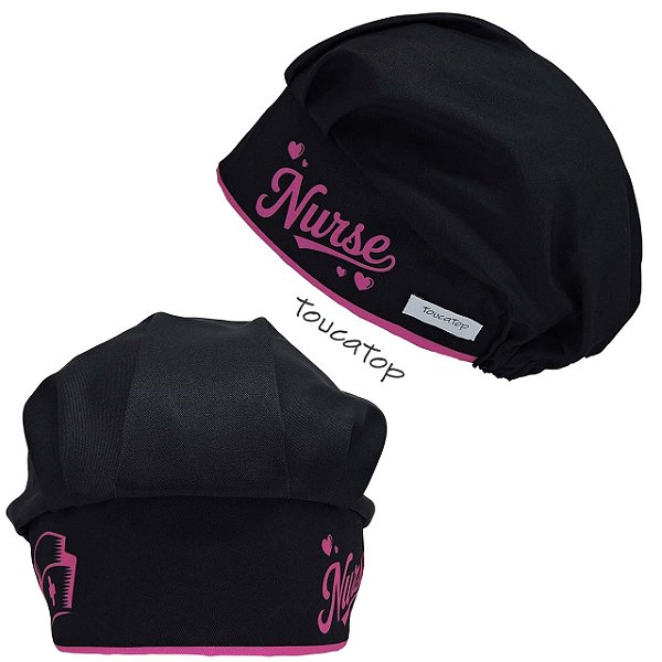 Touca Cirúrgica Feminina, Nurse pink lateral, barra pink, Preto