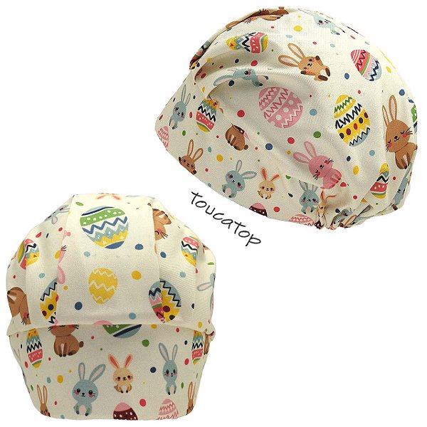 Touca Cirúrgica Feminina, Páscoa, Coelhos, Ovos, Poás coloridos, Creme