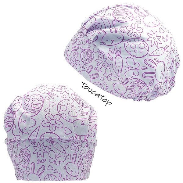 Touca Cirúrgica Feminina, Páscoa, Coelhos, Ovos, contorno Pink, Branco