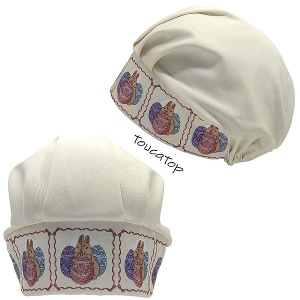 Touca Cirúrgica Feminina, Páscoa, Barrado Ovos e Coelhos Laço, Creme