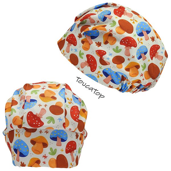 Touca Cirúrgica Feminina, Cogumelos coloridos, Vermelho, Azul, Branco
