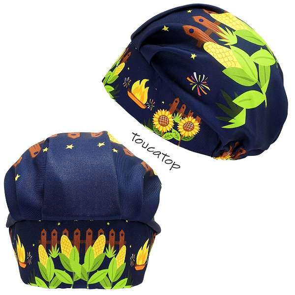 Touca Cirúrgica Feminina, Festa Junina, Milho, Fogueira, Azul Noite