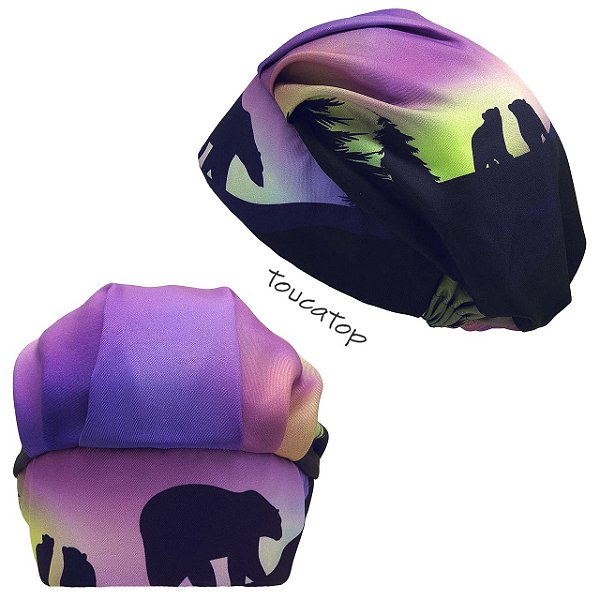 Touca Cirúrgica Feminina, Ursos, Montanhas, Aurora Boreal, Azul, Lilás