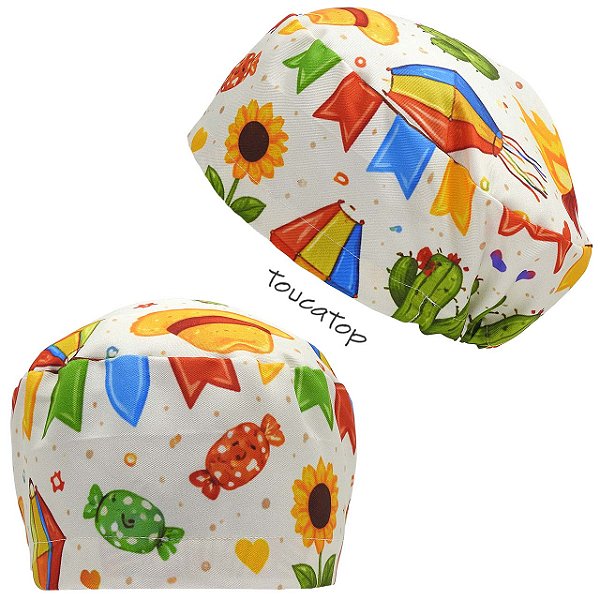 Touca Feminina ALICE, Festa Junina, Bala, Girassol, Chapéu, Creme