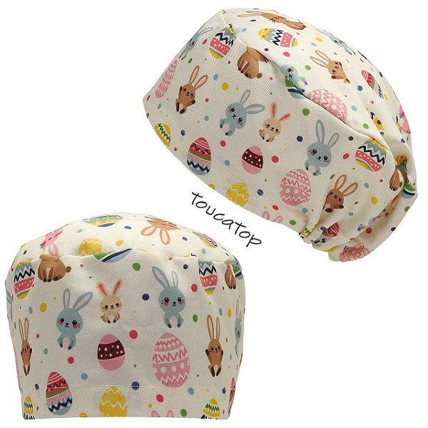 Touca Feminina ALICE, Páscoa, Coelhos, Ovos, Poás coloridos, Creme