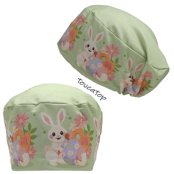 Touca Feminina ALICE, Páscoa, Barrado Coelhos Aquarela, Pistache