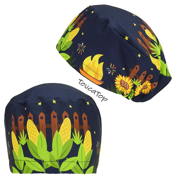 Touca Feminina ALICE, Festa Junina, Milho, Fogueira, Azul Noite