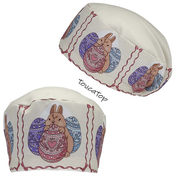 Touca Feminina ALICE, Páscoa, Barrado Ovos e Coelhos Laço, Creme