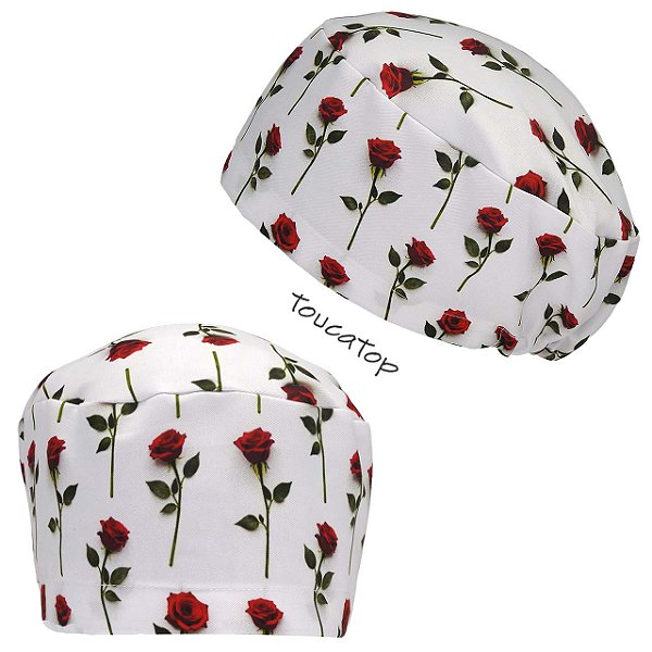 Touca Feminina ALICE, Botões de Rosas Vermelhos e Rosa, Branco