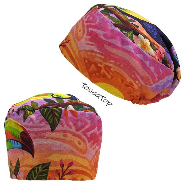 Touca Feminina ALICE, Paisagem Tropical, Tucano, por do sol, Laranja