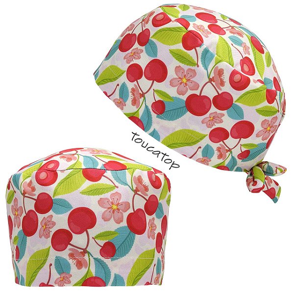 Gorro Cirúrgico, Cereja, Folhas Azul e Verde, Flores, Creme