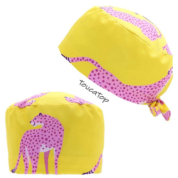 Gorro Cirúrgico, Leopardo Rosa, Amarelo