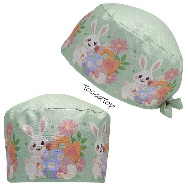 Gorro Cirúrgico, Páscoa, Barrado Coelhos Aquarela, Pistache