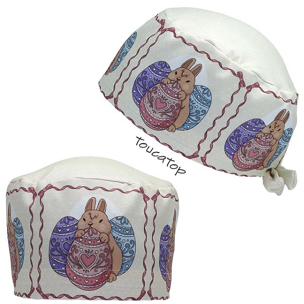 Gorro Cirúrgico, Páscoa, Barrado Ovos e Coelhos Laço, Creme