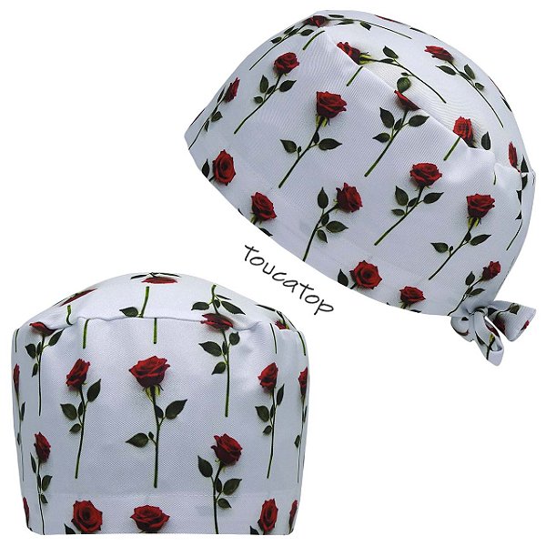 Gorro Cirúrgico, Botões de Rosas Vermelhos e Rosa, Branco