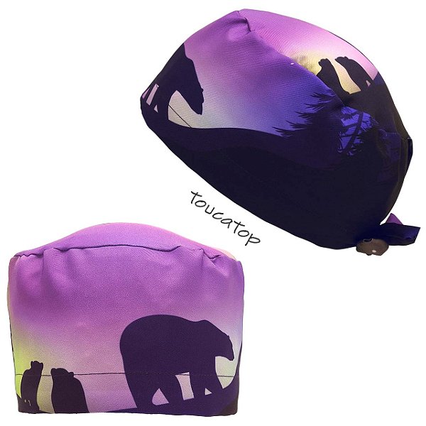 Gorro Cirúrgico, Ursos, Montanhas, Aurora Boreal, Azul, Lilás