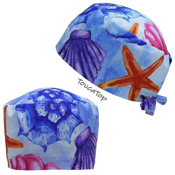 Gorro Cirúrgico, Fundo do Mar, Conchas, Estrelas, Azul