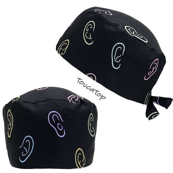 Gorro Cirúrgico, Orelhas traço fino colorido, Preto