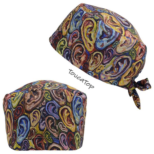 Gorro Cirúrgico, Arte Abstrata, Orelhas Coloridas, Marrom
