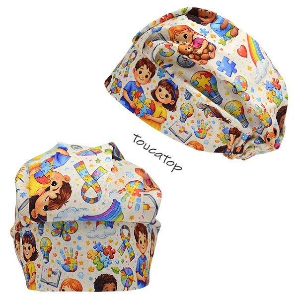 Touca Cirúrgica Feminina, Crianças Brincando, Autismo, Bege