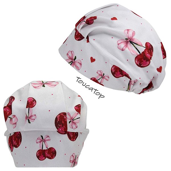 Touca Cirúrgica Feminina, Cereja com Laço Rosa, Corações, Branco