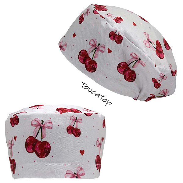 Touca Feminina ALICE, Cereja com Laço Rosa, Corações, Branco