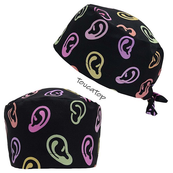 Gorro Cirúrgico, Orelhas traço grosso colorido, Preto
