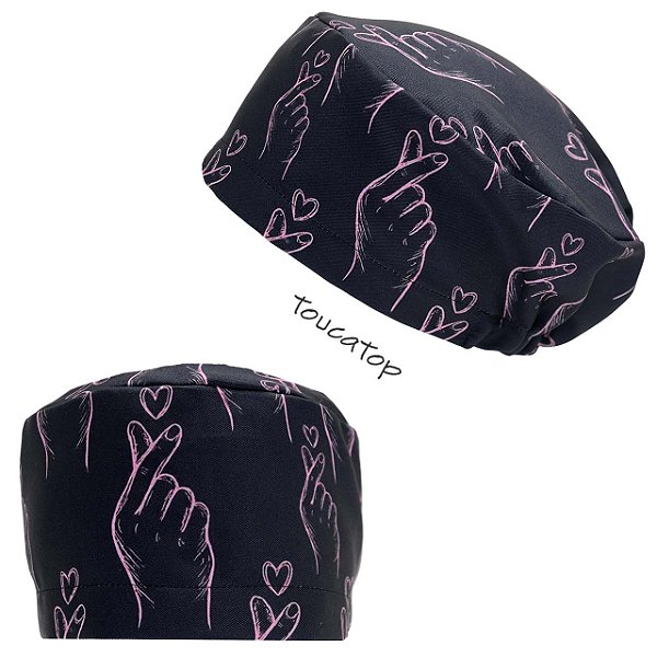 Touca Feminina ALICE, Mão fazendo Coração Coreano traço rosa, Preto